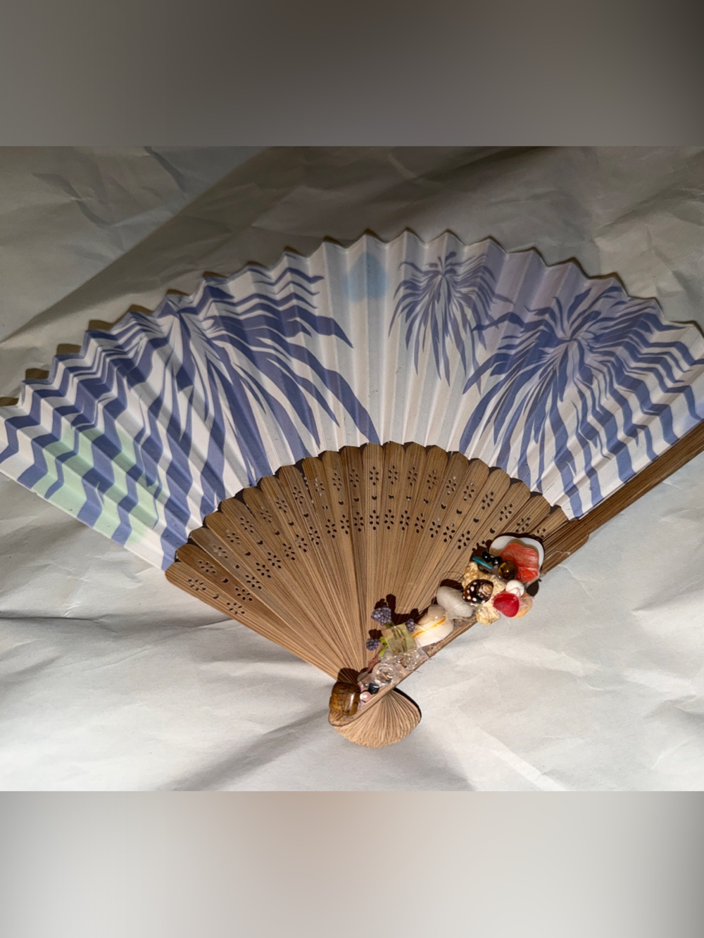 Handheld Folding Fan with Blue Floral Pattern